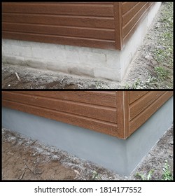 Before And After Photo Showing The Preparation And Dark Grey Cement Finish Of A Cinder Block Foundation Wall.