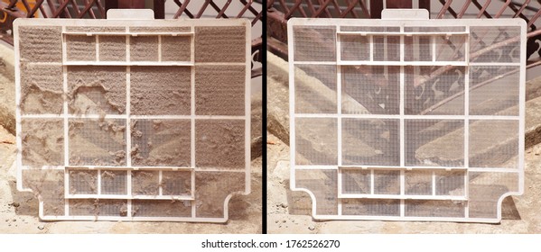 Before And After Picture Shows Dust On Ac Filter And A Clean Filter After Washing It. Air Conditioner Filter 