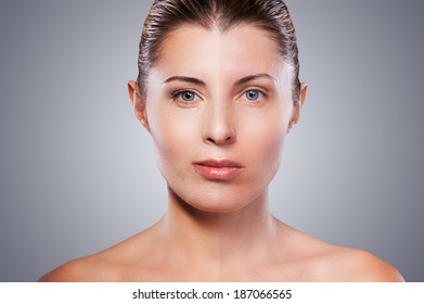 Before And After. Portrait Of Beautiful Mature Woman With Half Face Make-up Standing Against Grey Background