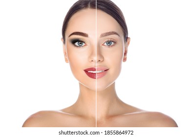 Before And After Remove Makeup. Woman Face With Makeup And Without On White Background