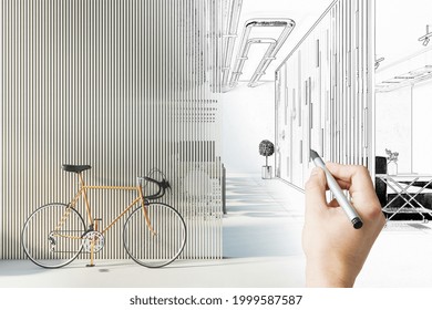 Before And After Renovation Modern Office Interior Sketch. Repairs Concept