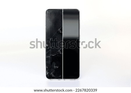 Before and after repaired Mobile smartphone with broken screen on white background. Repairs concept.