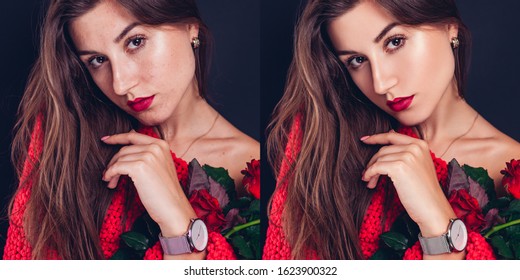 Before And After Skin Retouching In Editor. Side By Side Beauty Portraits Of Woman With Makeup, Skin Edited. Post Production