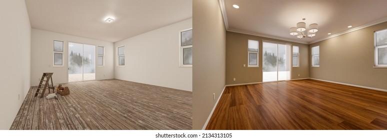 Before And After Of Unfinished Raw And Newly Remodeled Room Of House With Finished Wood Floors, Moulding, Paint And Ceiling Lights.