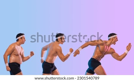 Before and After Weight Loss Fitness Transformation. Fat man jogging to lose weight and become a slim athlete. Running sport man. Fat to fit concept.