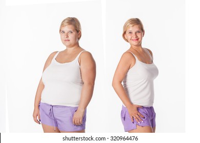 before and after weight loss. rejuvenation. Fat woman  comparison thin 