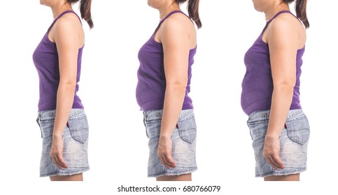 Before And After Weight Loss Woman For Diet And Healthy Slim Shape With White Background.