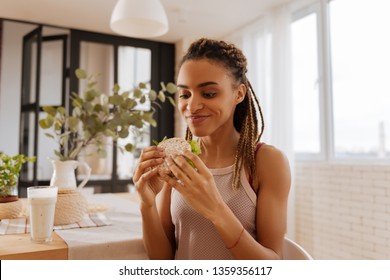 Before Eating. Funny Woman Feeling Excited Before Eating Healthy Sandwich After Workout At Home