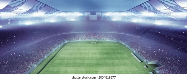Before match. Stadium and neoned colorful flashlights background. Flyer with copyspace in modern colors. Concept of sport, competition, winning, action. Empty area for championships, ad, design