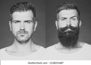 Before Shaving And After. Collage Portrait Of One Handsome Man On Left Bristle Haired On Right Unshaved With Long Beard And Moustache Looking Forward On Grey Background, Horizontal Picture