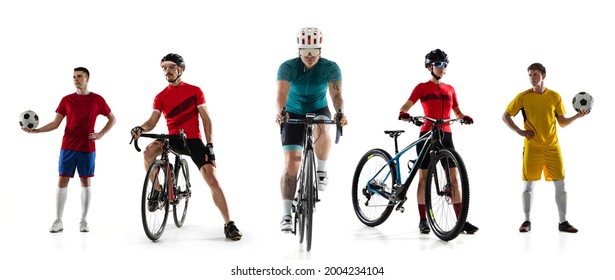 Before Start. Multi Sport Collage. Football Players And Cyclists, Sportsmen Isolated On White Background. Flyer. Concept Of Sport, Action, Competition. Copy Space For Ad.