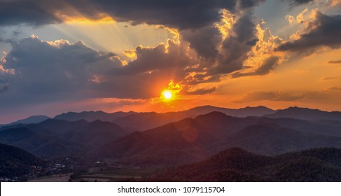 Before The Sunset With Moutain Range And Cloud In Mae Hong Son Province, Thailand