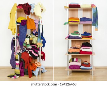 Before Untidy And After Tidy Wardrobe With Colorful Winter Clothes And Accessories. Messy Clothes Thrown On A Shelf And Nicely Arranged Clothes In Piles.