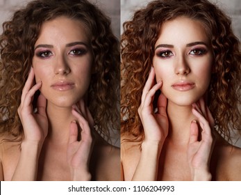 Before-after processing. Woman before and after retouch. comparison portraits  with make-up 