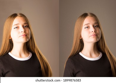 Before-after Processing. Woman Before And After Retouch. Comparison Of Portraits Before And After Skin Treatment. Two-frequency Decomposition In Photoshop. Retouching A Portrait In Photoshop