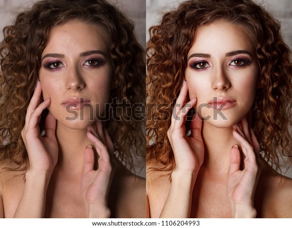Before-after processing. Woman before and\
after retouch. comparison portraits  with make-up\
