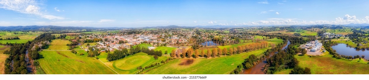 Bega agriculture town in Bega Valley of NSW, Australia – wide aerial panorama.