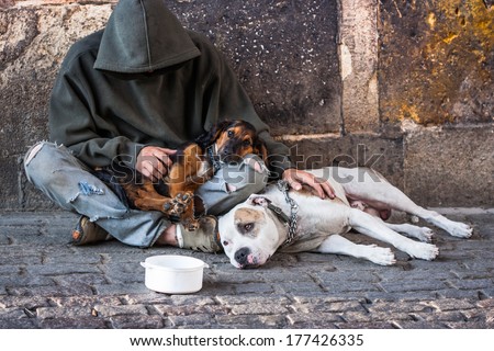 beggar, homeless with two Dogs near Charles Bridge, Prague, Czech republic