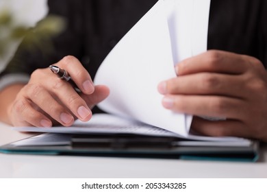 Begin Learning For In Meeting Room Concept, Document Report Business Note. Businessman Manager Hands Writing At Corporate On Office Desk For Reading, Signing In Paperwork Or Documentation Files.