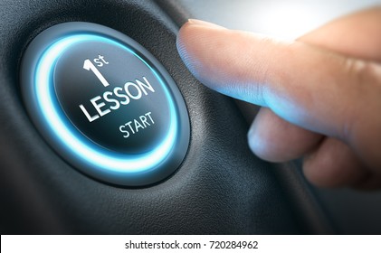 Beginner about to start a car by pressing a starter button where it is written first lesson. Composite image between a hand photography and a 3D background. - Powered by Shutterstock