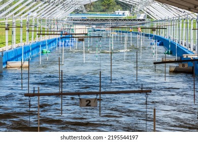 Beginnig Of The Whitewater Canoening Track In Krakow. Big Tent Where Canoeist Are Preparing For Start. Extreme Sport And Adrenaline As Great Way To Spend Free Time.