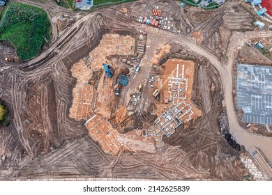 Beginning Of The Construction Of The House, Laying The Foundation. Aerial Top View.