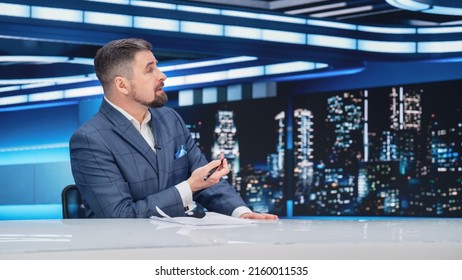 Beginning Evening News TV Program: Male Anchor Presenter Reporting, Showing Gesture. Television Cable Channel Anchorman Host Talks. Network Broadcast Newsroom Studio Mockup.