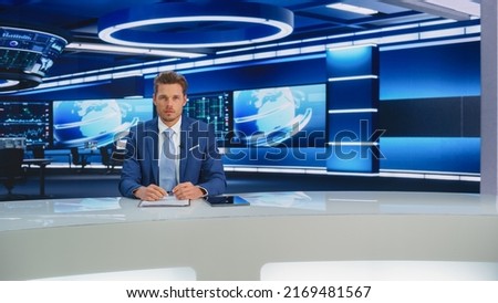 Beginning Evening News TV Program: Anchor Presenter Reporting on Business, Economy, Science, Politics. Television Cable Channel Anchorman Talks. Broadcast Network Newsroom Studio.