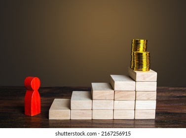 At the beginning of the path to the goal. Career and salary promotion. Put in the effort and reach the pinnacle of success. Complete the job and get the reward. Step by step. Motivation for action - Shutterstock ID 2167256915