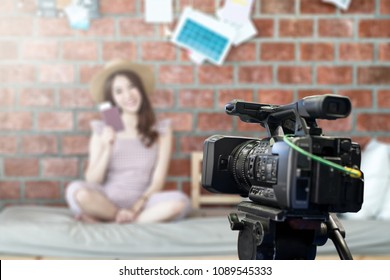 Behind The Film Shooting Video,movie,vlog Digital Camera. Young Beautiful Asian Woman Taking Photo,cinema Broadcast Television,show Production Maker. Entertainment News With Footage Equipment Concept.