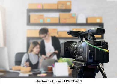 Behind The Film Shooting Video,movie,vlog Digital Camera. Young Beautiful Asian Woman Taking Photo,cinema Broadcast Television,show Production Maker. Entertainment News With Footage Equipment Concept.