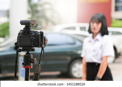 Behind The Film Shooting Video,movie,vlog Digital Camera. Young Beautiful Asian Woman Taking Photo,cinema Broadcast Television,show Production Maker. Entertainment News With Footage Equipment Concept.