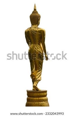 Behind of golden buddha statue isolated on white background. Use for decoration, advertise, school, education, poster, exhibition, tabernacle, important day, religion, Buddhism, Buddhist.