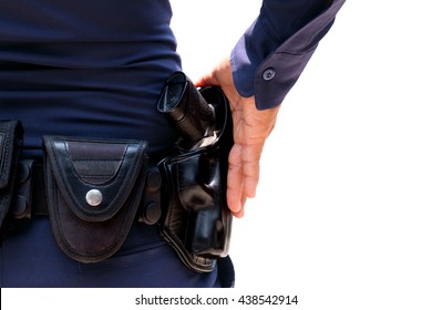 Behind The Police With Gun Belt On White Background