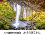 Behind Ponytail Falls, Oregon. The Columbia River Gorge has the greatest concentration of high waterfalls in North America. Starting at Horsetail Falls Trailhead, it