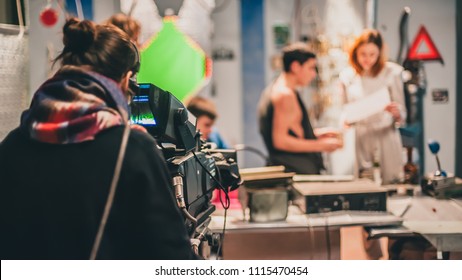 Behind The Scene. Actor In Front Of The Camera On The Film Set In Film Studio. 