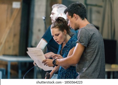 Behind The Scene. Director Of The Play Rehearses The Play With The Actors According To The Script