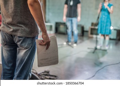 Behind The Scene. Director Of The Play Rehearses The Play With The Actors According To The Script