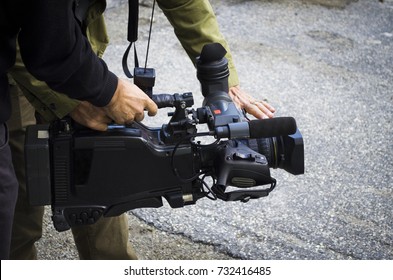 Behind The Scene Film Crew Team Filming Movie Scene On Outdoor Location Group Cinema Set