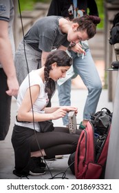 Behind The Scene. Sound Director And Technician Check Equipment. Film Recording Outdoor