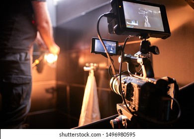 Behind The Scenes Of Filming Films Or Video Products And The Film Crew Of The Film Crew On The Set In The Pavilion Of The Film Studio.