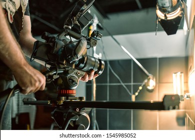 Behind The Scenes Of Filming Films Or Video Products And The Film Crew Of The Film Crew On The Set In The Pavilion Of The Film Studio.