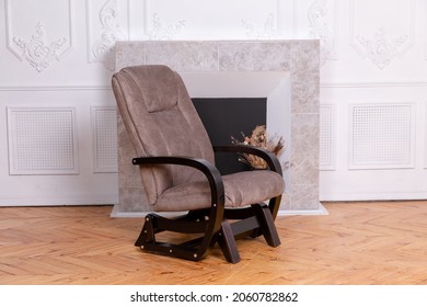 Beige Brown Armchair Comfortable Home Cozy Fireplace Office Comfort Books Shelf Plaster Figures Statues White Background Wooden Chair Sofa Comfort Textured Wall Natural Parquet Rocking Chair Marble