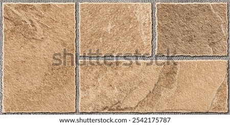 Beige brown rustic stone wall background, parking tiles random stone blocks, paving tiles, elevation tiles, architectural brick work, compound exterior wall. 