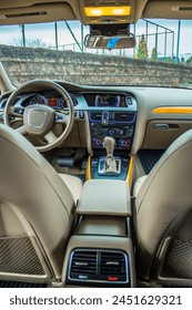 Beige car interior inside with glowing