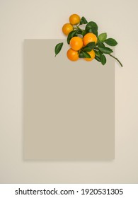 Beige Card Mockup With Fresh Clementines On Beige Background. Hybrid Of Small-sized Tangerines. Overhead View, Copy Space. 