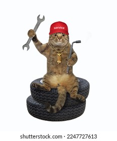 A beige cat auto mechanic with car wrenches sits on a stack of tires. White background. Isolated. - Shutterstock ID 2247727613