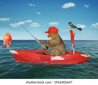 A Beige Cat Fisherman In A Red Row Boat Caught A Gold Fish In The Sea.