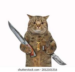 A beige cat hunter holds hunting knives. White background. Isolated.