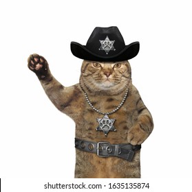 The Beige Cat Policeman Is Wearing In A Black Cowboy Hat, A Police Badge Around His Neck And A Stainless Steel Belt. White Background. Isolated.